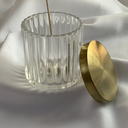 Ribbed Clear W/Gold Lid Candle Vessel