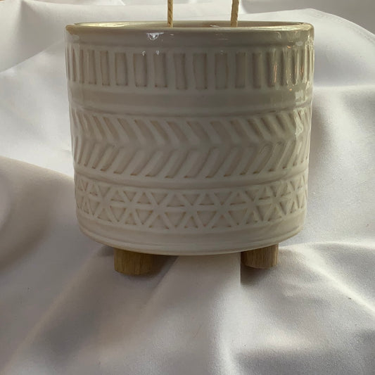 White Ceramic Banded Candle Vessel W/Legs