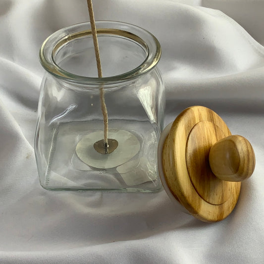 Square Clear Glass W/Wood Lid Candle Vessel